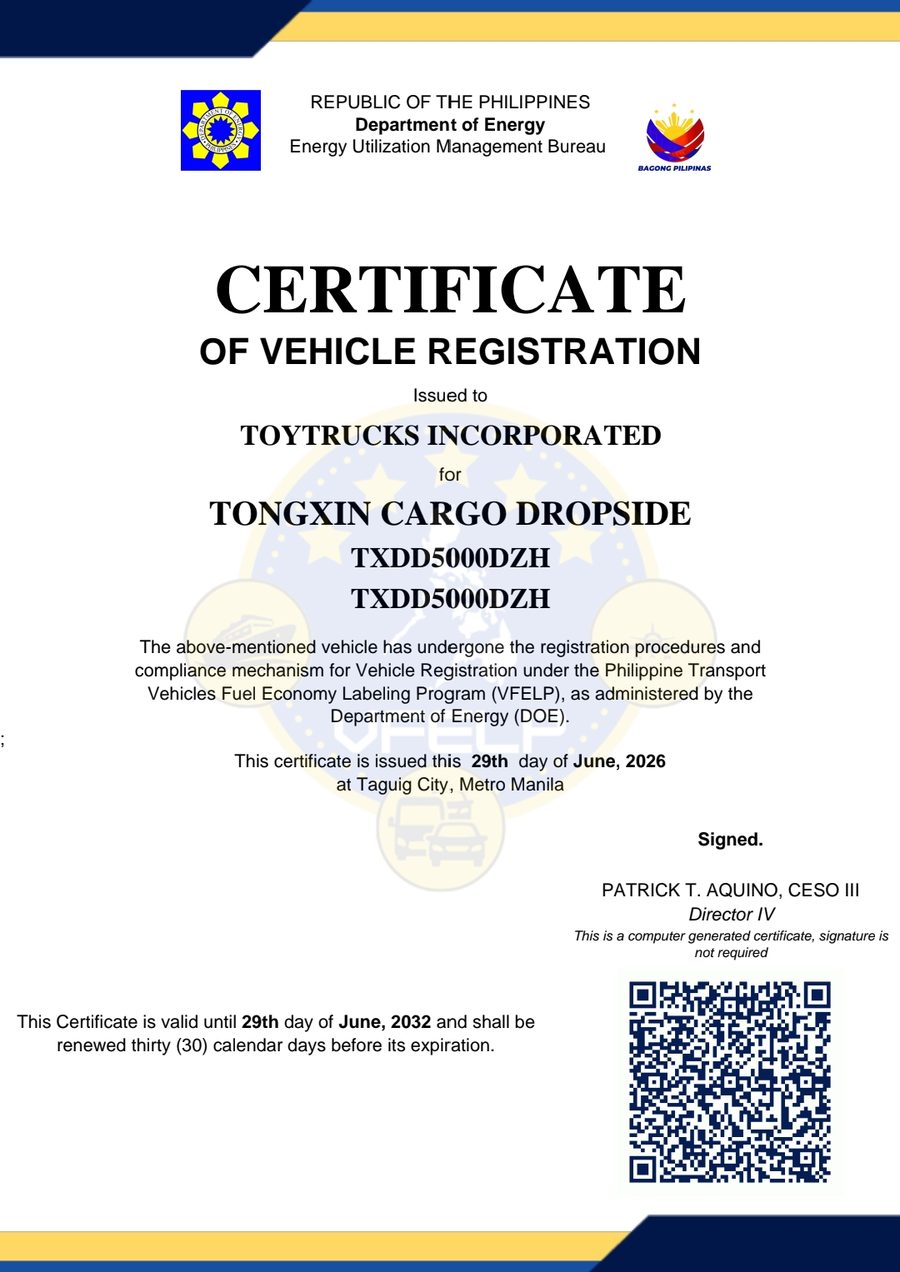 DOE Certificate of Vehicle Registration