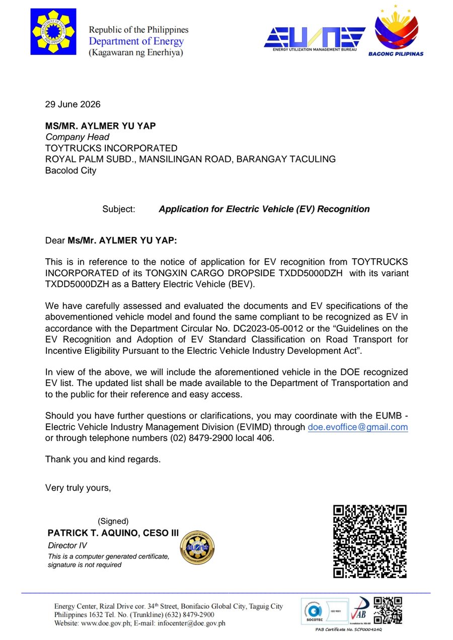 DOE EV Recognition letter